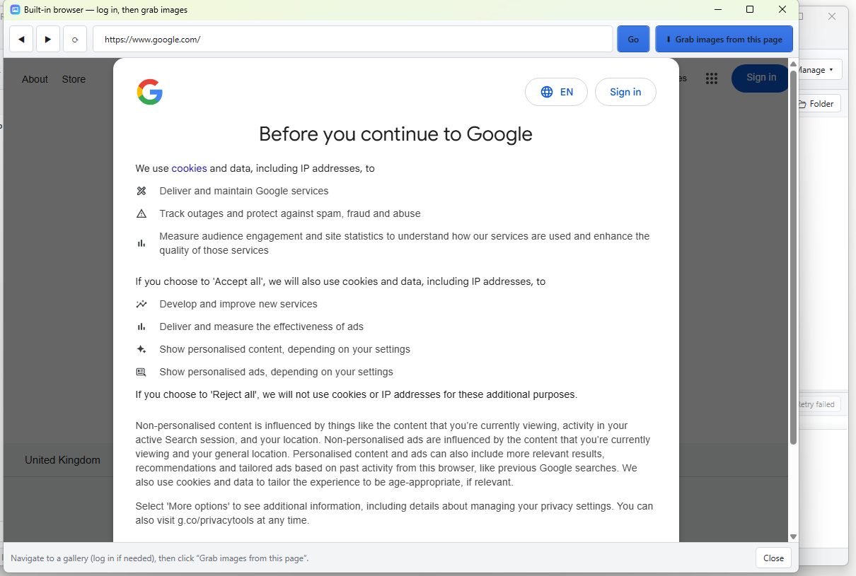 Image Resolver built-in WebView2 private browser window with one-click Grab images from this page button