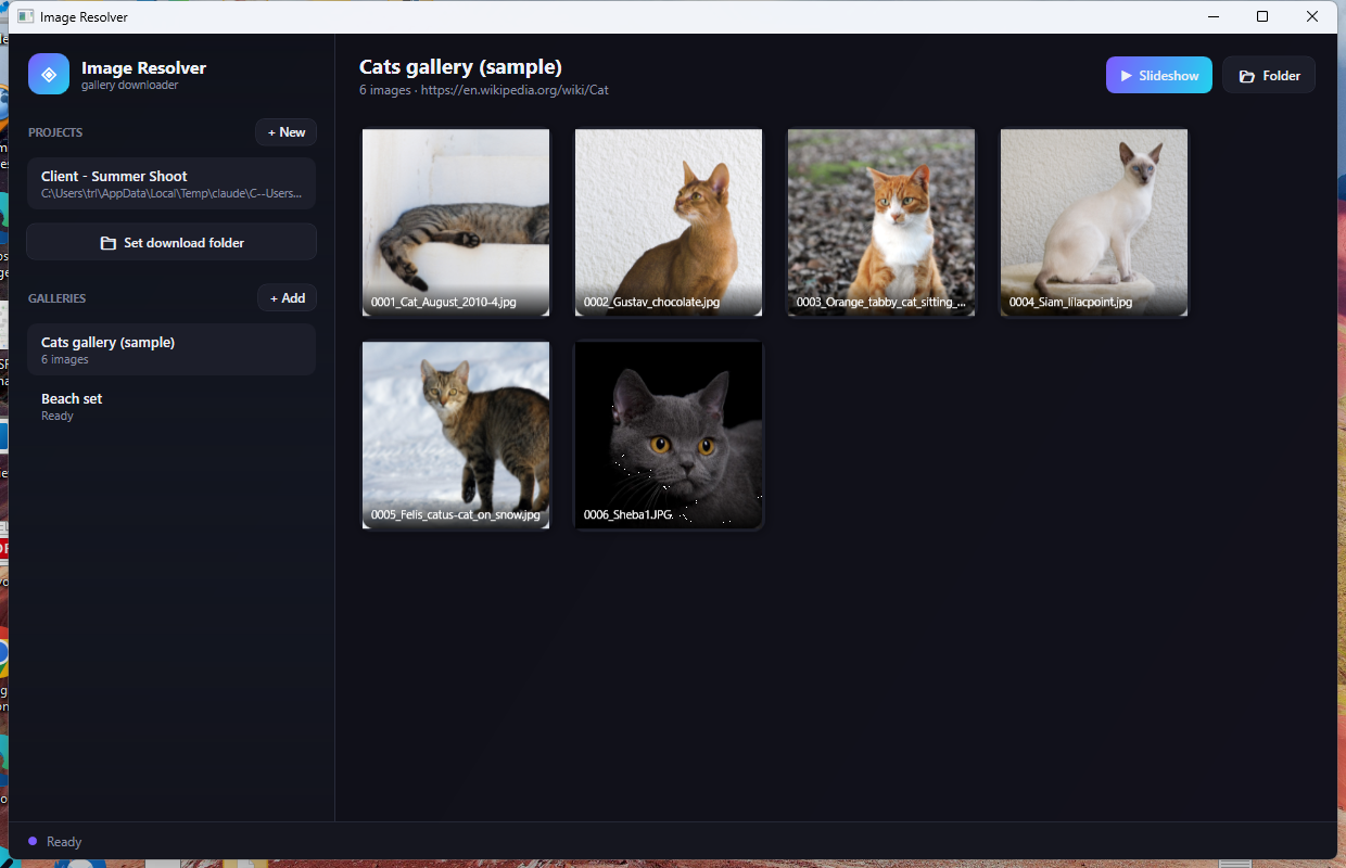 Image Resolver dark theme gallery management view with clean rounded cards and quick slideshow controls